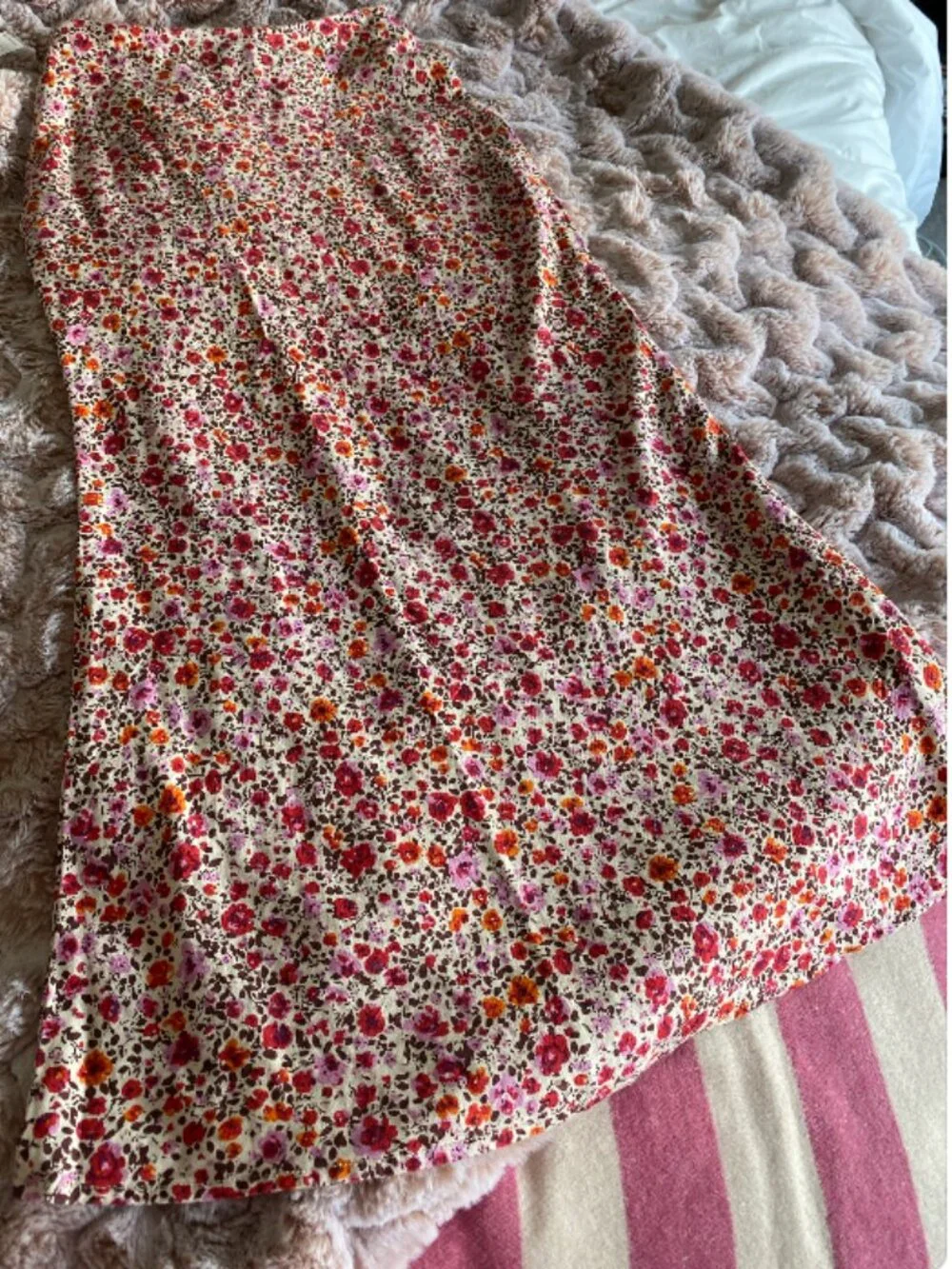 Anthropologie Floral Linen Blend Midi Skirt Pink Red Print Size XS